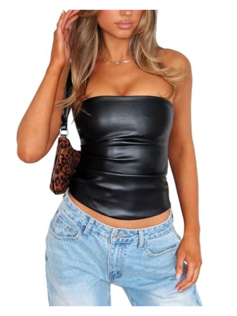 Strapless Ruched Tube Top Faux Leather Crop Corset Clubwear